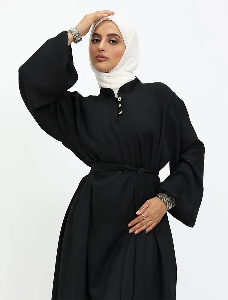 Black Linen Feel Nehru Collar Maxi